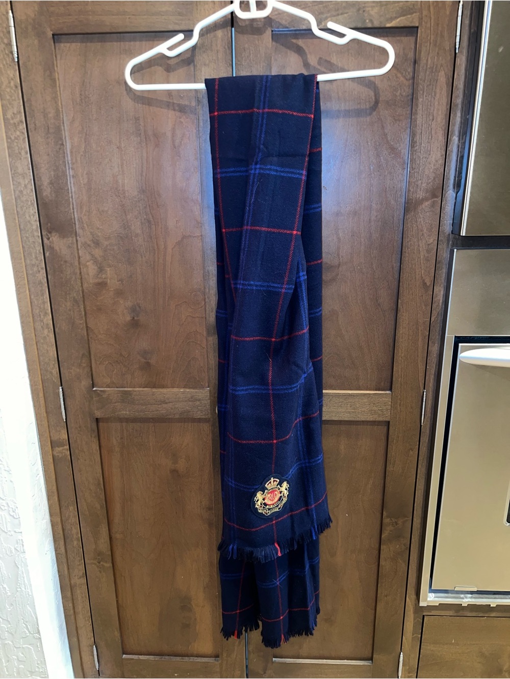 Lauren Ralph Lauren Navy Plaid Fringe Scarf with Crest